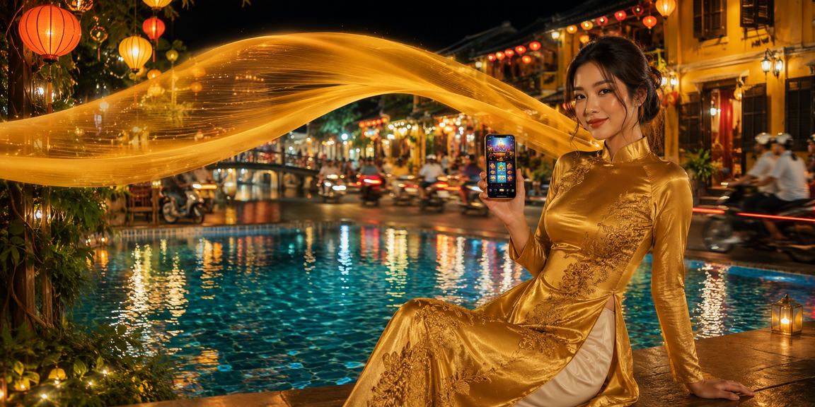 Người chơi trải nghiệm ứng dụng vs5 trên điện thoại tại Hội An trong không gian quán cafe