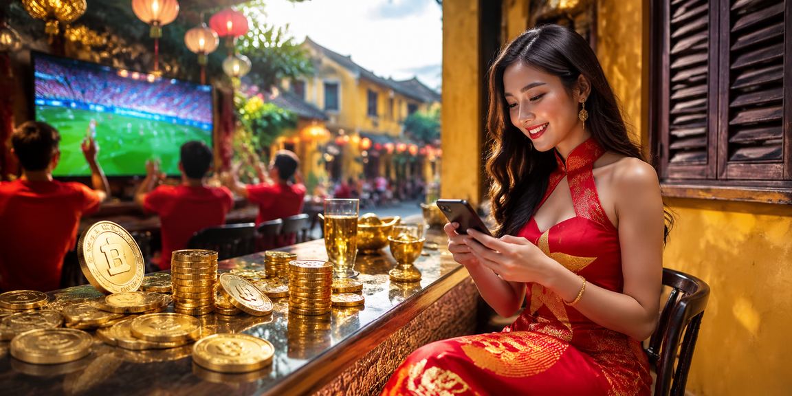 Người dùng tại Hội An đăng ký tài khoản vs5 trên điện thoại di động trong lễ hội đèn lồng